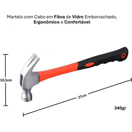 Martelo 27cm Tipo Unha Cabeça De Aço Com Cabo Fibra Emborrachado