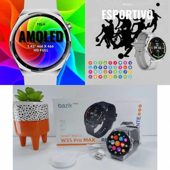 Relógio smartwatch redondo masculino W34 PRO MAX IP67 NFC Esportes fazer e receber chamadas