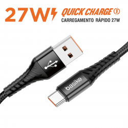 Cabo Carregador USB para USB-C Basike Ba CB0103 - 27W, 1 Metro, Nylon Trançado