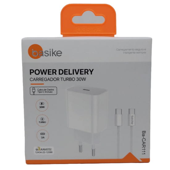 Carregador Turbo 30W Power Delivery Com Cabo Tipo-C/Tipo-c Incluso - Basike