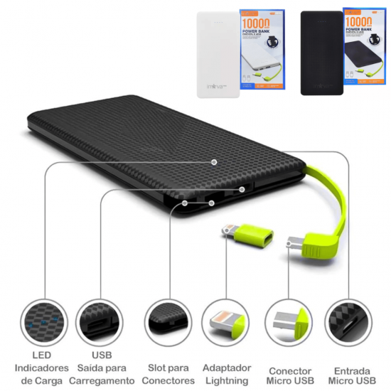 Carregador Portátil 10.000MAh Cabo Micro USB e com  adaptador lightning - Power Bank