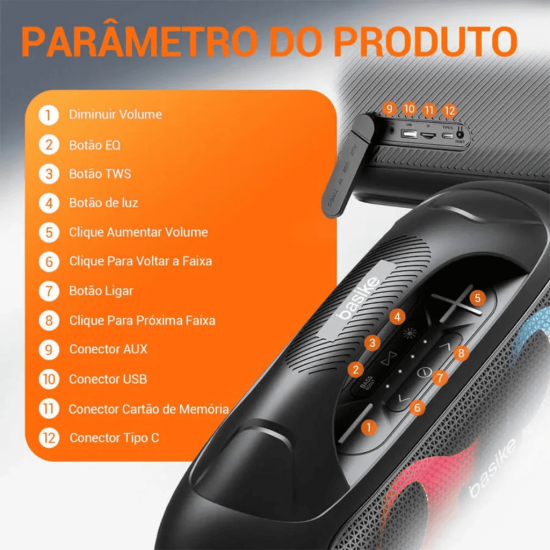 Caixa de Som Bluetooth Portátil Basike Ba RAD 018 - 60W, RGB, TWS, EQ, Bass Boost, IPX5