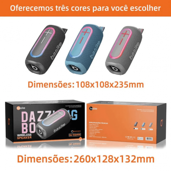 Caixa de Som Bluetooth Portátil Basike Ba RAD 020 - 20W, RGB, TWS, IPX6, Deep Bass