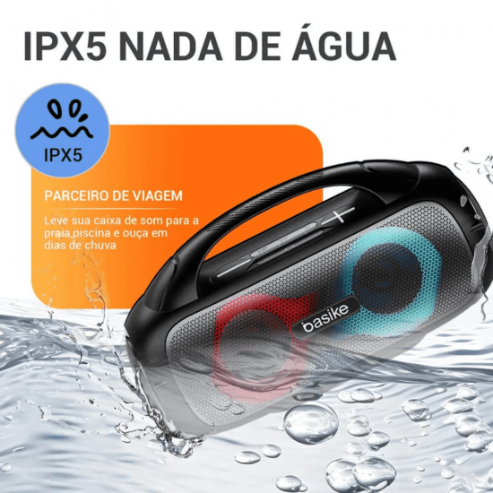 Caixa de Som Bluetooth Portátil Basike Ba RAD 018 - 60W, RGB, TWS, EQ, Bass Boost, IPX5