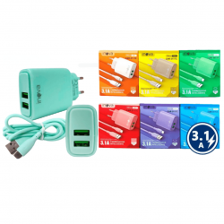 Carregador Celular 2 Entradas USB  Tomada 3.1A COM CABO TIPO-C CARGA RAPIDA CAR-3117CAA