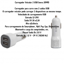 Carregador Veicular  2 Usb Para Celular Automotivo Inova Originais