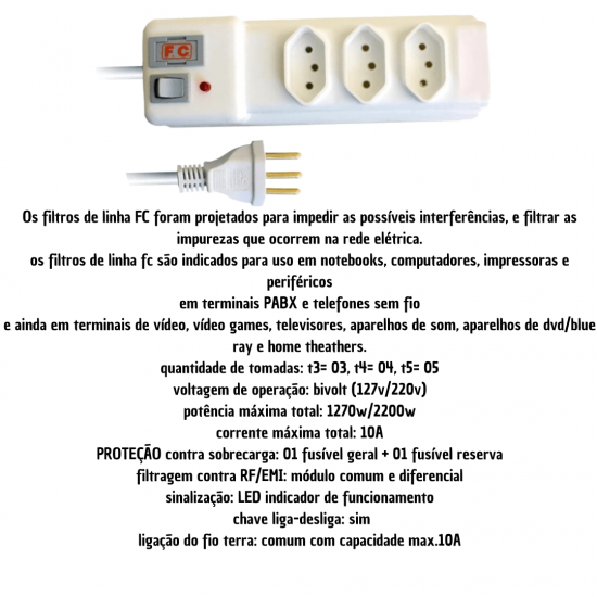 Filtro de linha com 3/4/5 tomadas tripolar, 10A, 1,20 metro, preto e branco