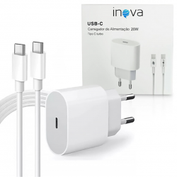 Fonte Carregador Turbo 20W USB Tipo C + Cabo Tipo C para Tipo C Inova