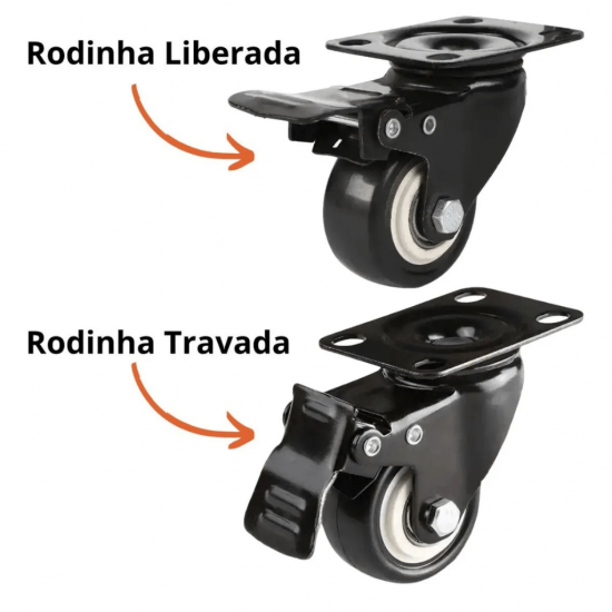 Kit 4 Rodas Rodinhas 360° para Moveis PVC Com Freio Retratil 2,0